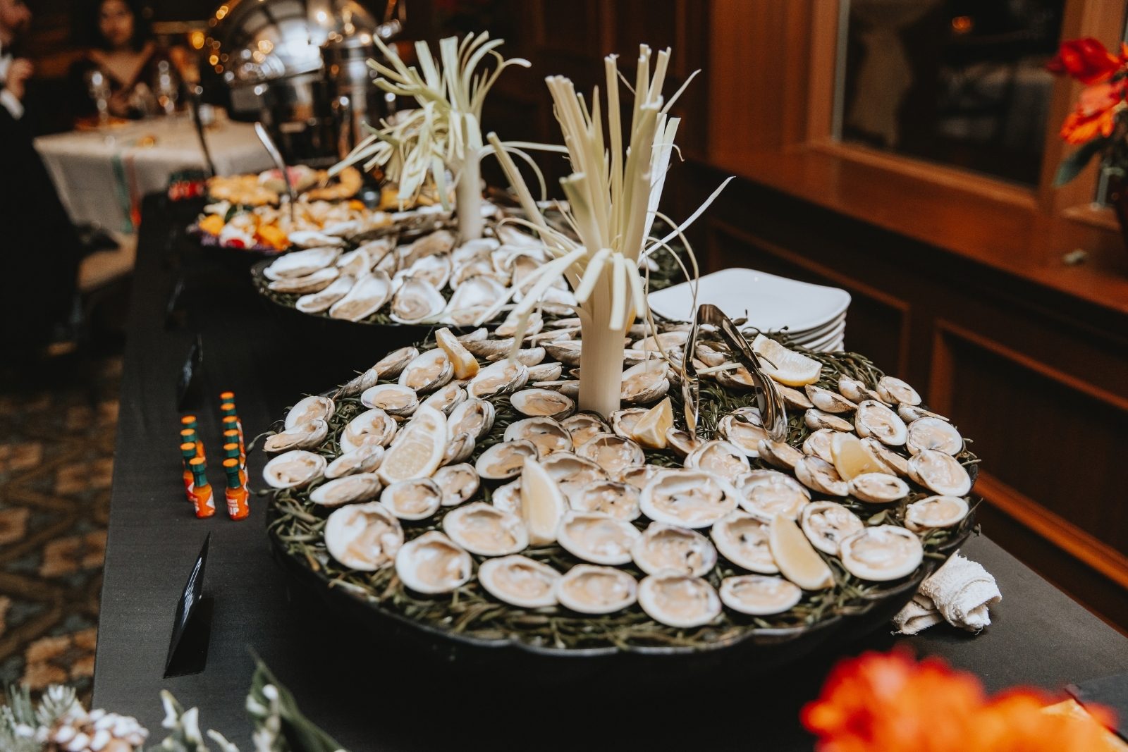 Raw bar display of clams on the half shell during cocktail hour